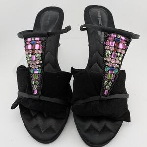 Ann Marino Black Satin Mules with Pink, Green & Blue Gem Accents